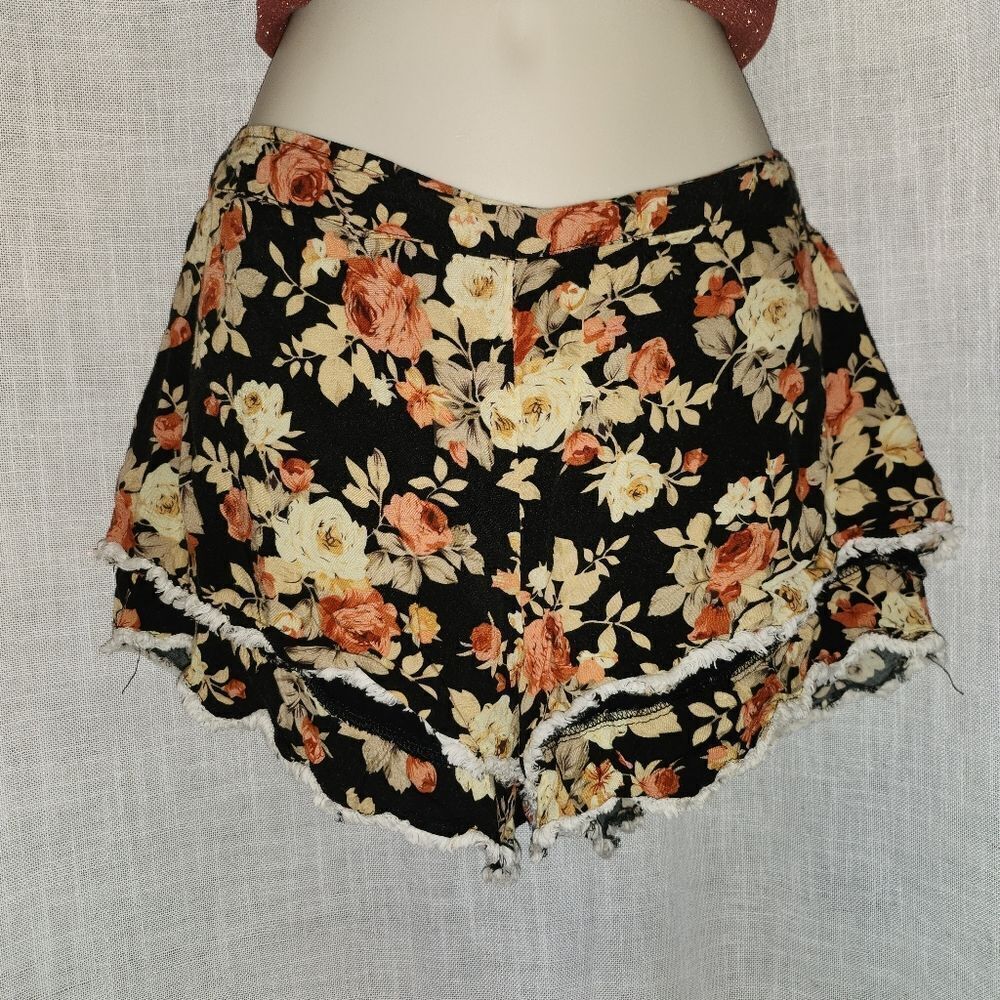 High Waist Black and Orange Floral Shorts